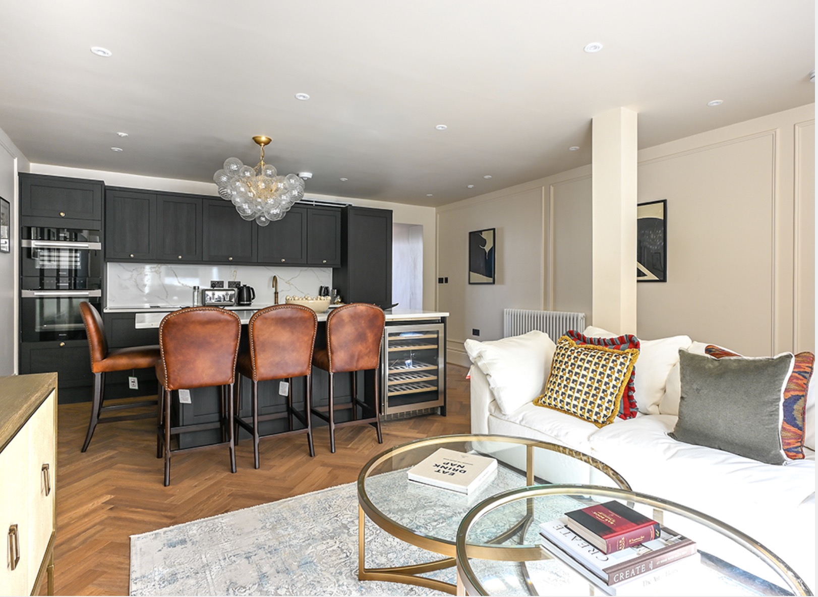 Dawes Road open-plan living room and black shaker kitchen