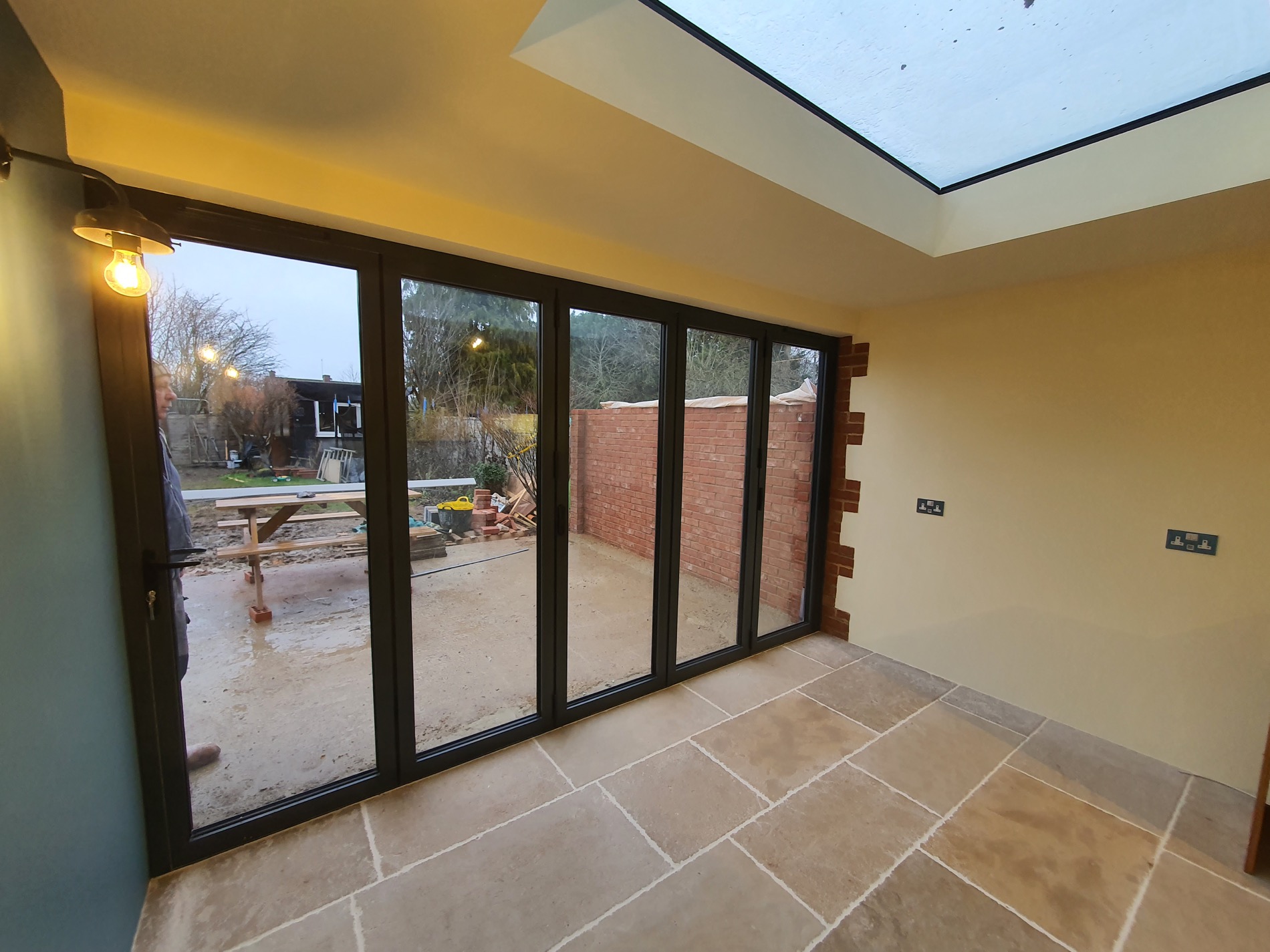 Residential extension interior with glazing and rooflight